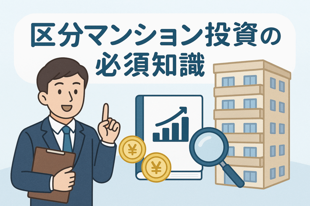 スーツ姿の男性が指を立てて解説している横に、区分マンションの外観とグラフ・コイン・虫眼鏡などの投資を象徴するアイコンが並び、「区分マンション投資の必須知識」という見出しが配置された親しみやすいイラスト。