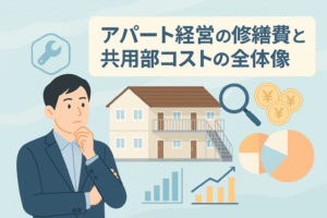 アパートの外観イラストと修繕費・共用部コストを象徴するグラフやコイン、虫眼鏡のアイコンが配置され、スーツ姿の男性が考えている様子を描いた「アパート経営の修繕費と共用部コストの全体像」というタイトル入りのアイキャッチ画像。