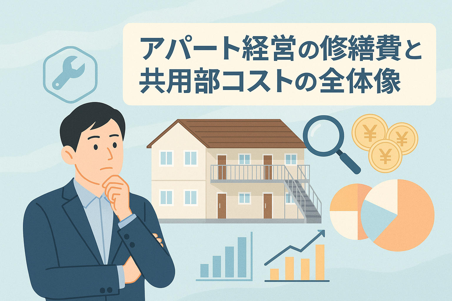 アパートの外観イラストと修繕費・共用部コストを象徴するグラフやコイン、虫眼鏡のアイコンが配置され、スーツ姿の男性が考えている様子を描いた「アパート経営の修繕費と共用部コストの全体像」というタイトル入りのアイキャッチ画像。