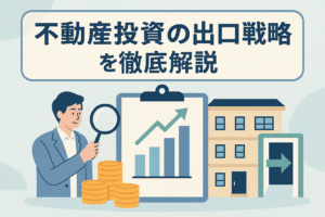 不動産投資の出口戦略をテーマに、スーツ姿の男性がグラフを示す資料を虫眼鏡で見ながら、コインの山と建物、出口を示す矢印が描かれたアイキャッチ画像。投資の売却戦略を直感的に伝えるデザイン。