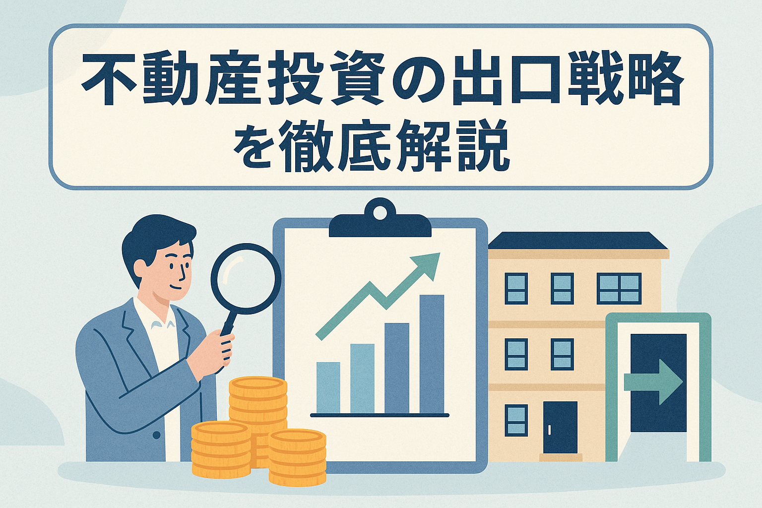 不動産投資の出口戦略をテーマに、スーツ姿の男性がグラフを示す資料を虫眼鏡で見ながら、コインの山と建物、出口を示す矢印が描かれたアイキャッチ画像。投資の売却戦略を直感的に伝えるデザイン。