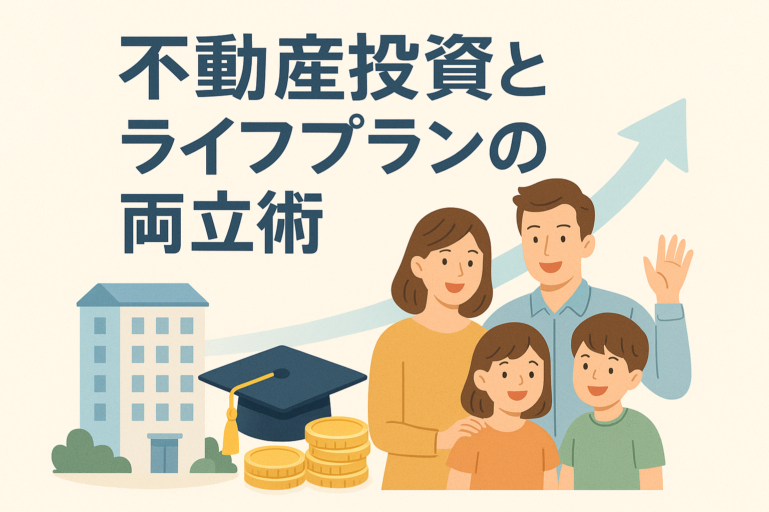 不動産投資とライフプランの両立をイメージしたイラストで、マンションの建物と卒業帽子とコイン、笑顔の家族4人、右上には将来の成長を示す上向き矢印が描かれ、「不動産投資とライフプランの両立術」というタイトルが入ったアイキャッチ画像。
