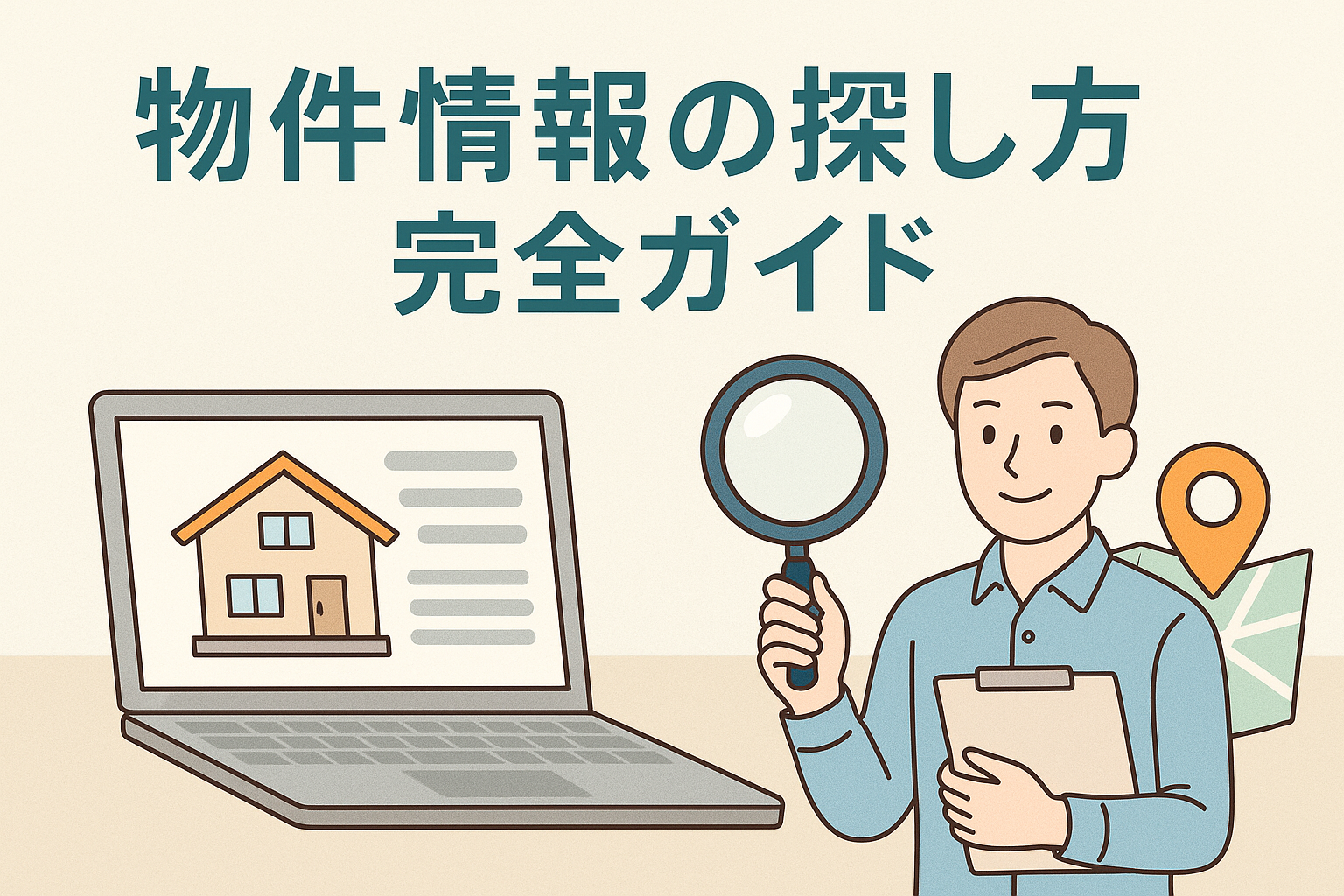 物件情報の探し方をイメージしたイラストで、パソコンに映る物件情報、拡大鏡を持つ人物、地図のピンが描かれ、「物件情報の探し方完全ガイド」というタイトルが配置されたアイキャッチ画像。