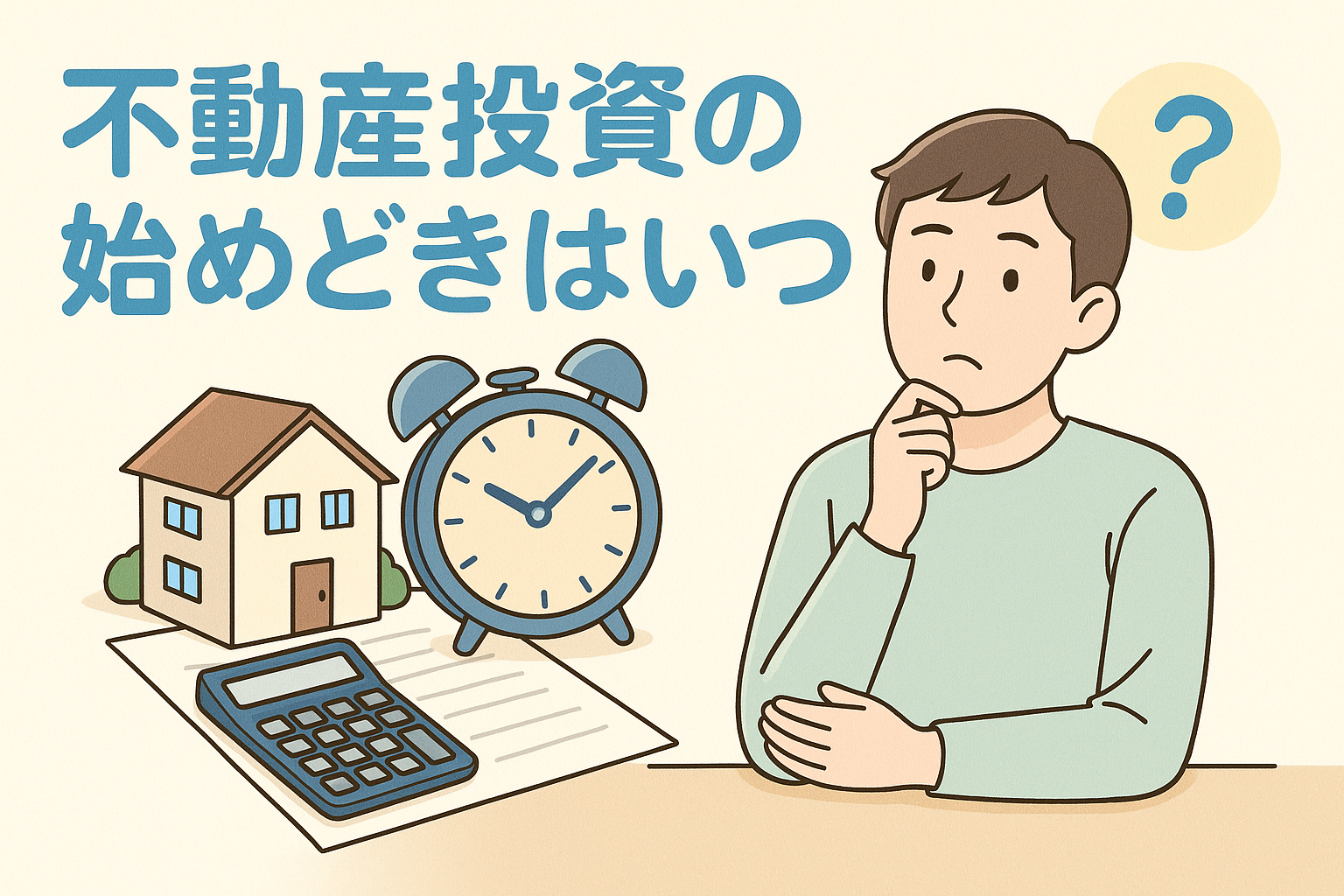 不動産投資の始めどきを考える男性が、家・電卓・目覚まし時計を前に悩んでいる様子を描いたイラストで、「不動産投資の始めどきはいつ？」と大きく書かれたアイキャッチ画像。