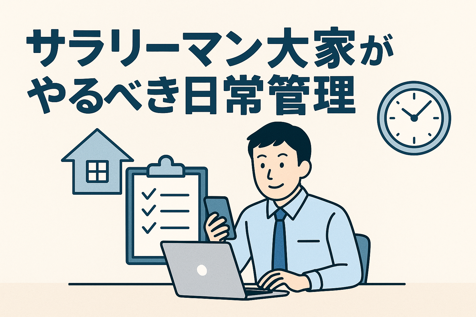 サラリーマン大家がパソコンとスマートフォンを使って日常管理を行っている様子を表したイラストで、家やチェックリスト、時計のアイコンとともに「サラリーマン大家がやるべき日常管理」というタイトルが描かれた画像。
