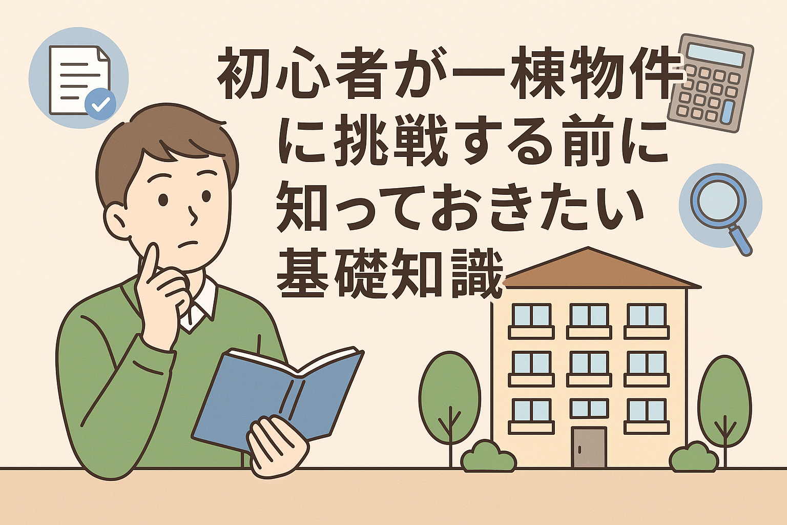 一棟アパート投資に挑戦する初心者が本を読みながら考えている様子と、建物のイラスト、チェックリスト・電卓・虫眼鏡のアイコンが並び、「初心者が一棟物件に挑戦する前に知っておきたい基礎知識」というタイトルが表示されたアイキャッチ画像。