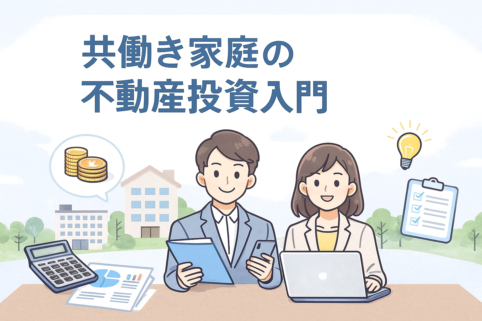 ノートパソコンを一緒に見ながら不動産投資を学ぶ共働き夫婦のイラストと、家の書類・虫眼鏡・コイン・アパートのアイコンが配置され、「共働き家庭の不動産投資入門」という日本語タイトルが大きく表示されたアイキャッチ画像。