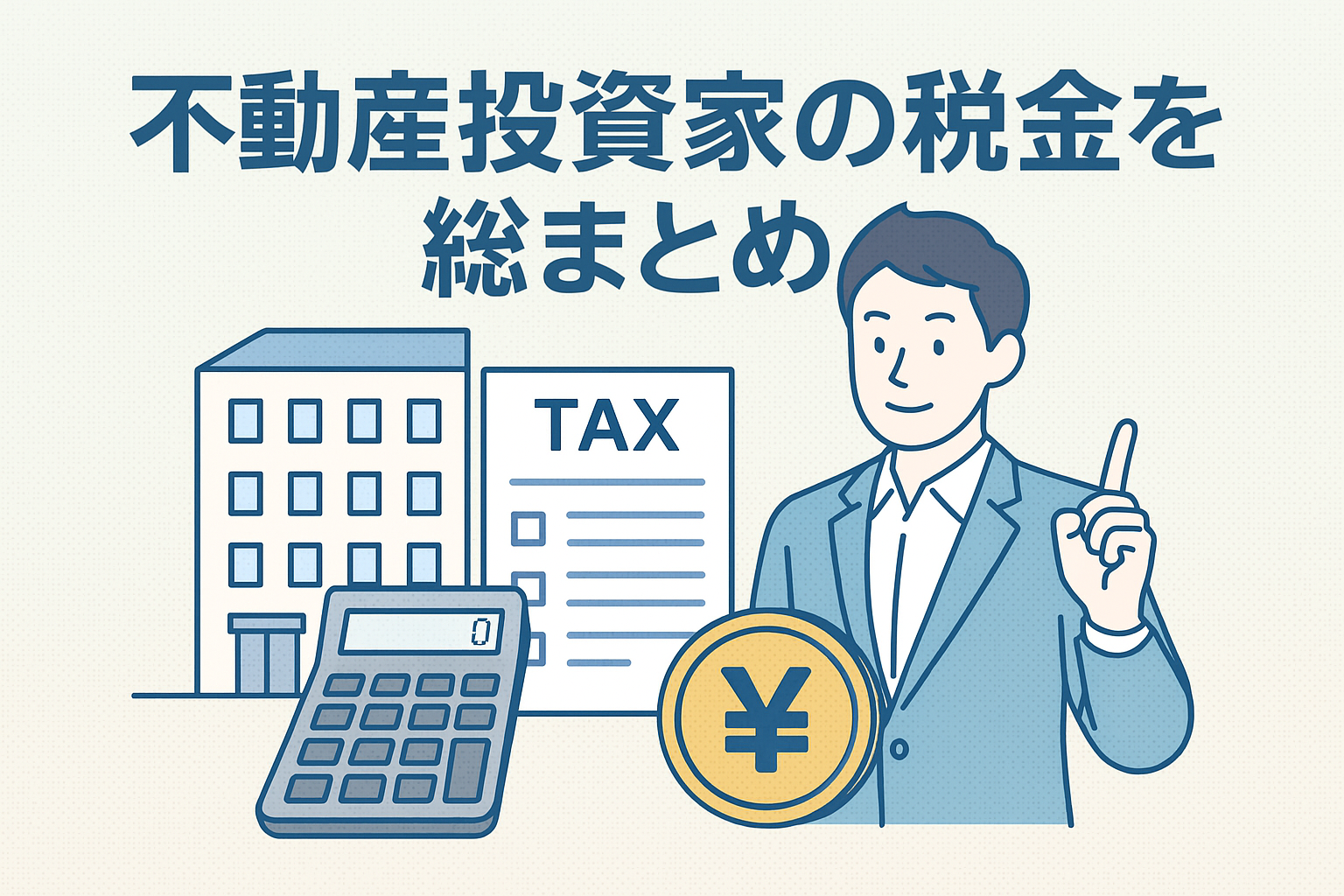 不動産投資家が税金について学ぶ様子をイメージしたイラストで、アパートの建物、電卓、税金書類、円マークのコイン、指を立てて説明する人物が描かれ、「不動産投資家の税金を総まとめ」というタイトルを示した画像。