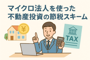 マイクロ法人を使った不動産投資の節税をイメージしたイラストで、スーツ姿の男性が電卓を持ちながら説明しており、家のイラストや円マーク、税金書類が描かれた構図の画像。