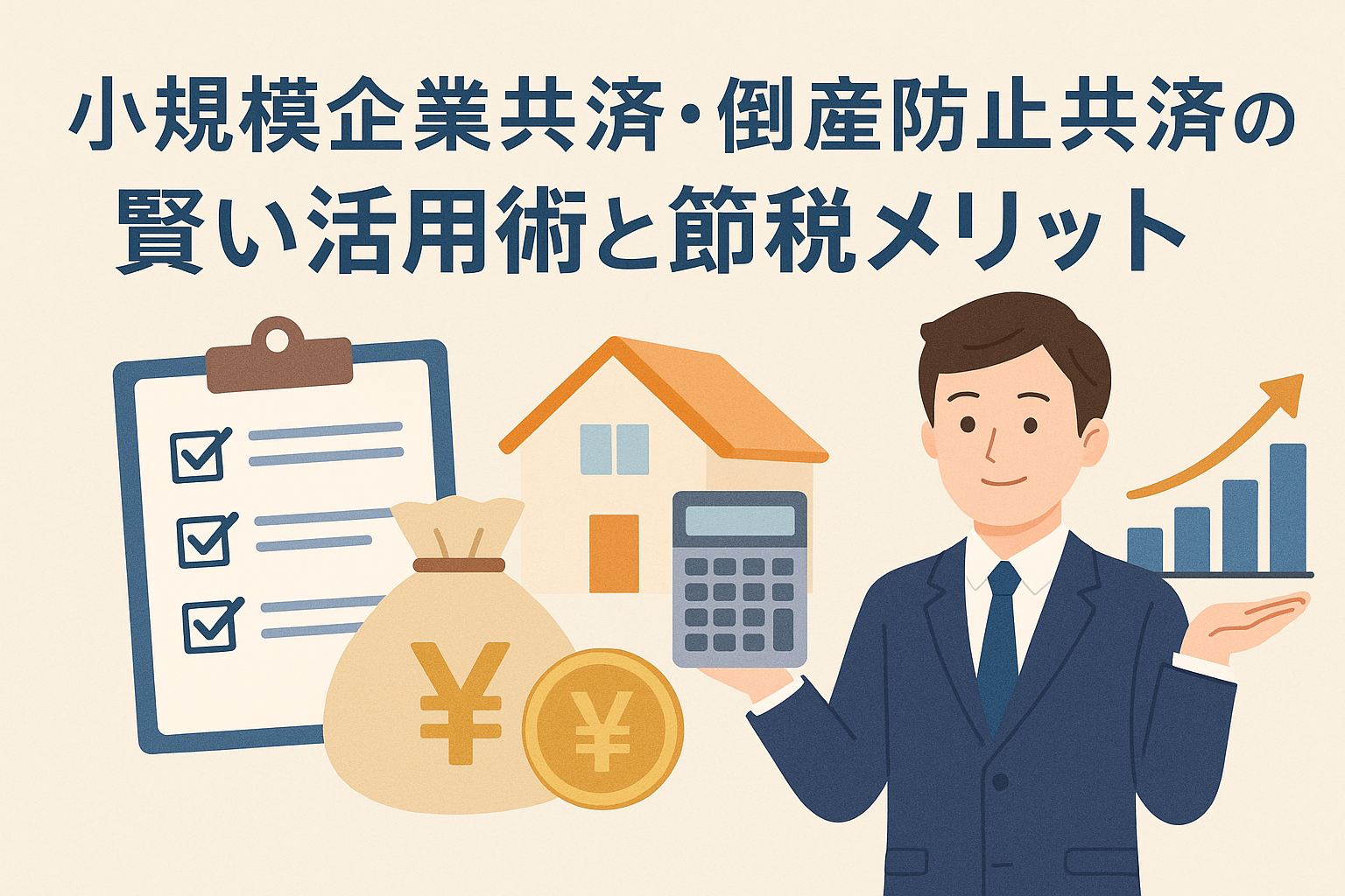 小規模企業共済と倒産防止共済の活用術をイメージしたイラストで、チェックリスト、家、電卓、円マークの袋、成長グラフ、スーツ姿の男性が描かれ、節税メリットを分かりやすく伝える構図の画像。