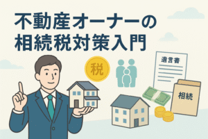 不動産オーナーの相続税対策をイメージしたイラストで、スーツの男性が家の模型を手に持ち、税マークのコイン、家族のシルエット、遺言書、現金、相続書類などが描かれた構図の画像。