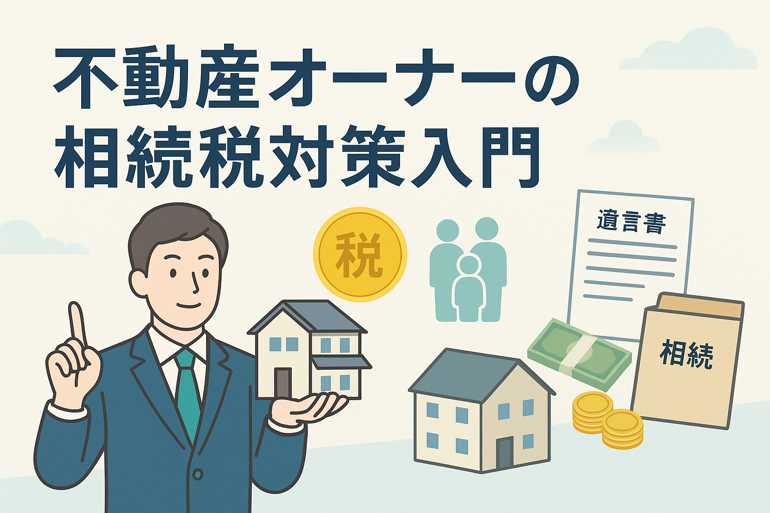 不動産オーナーの相続税対策をイメージしたイラストで、スーツの男性が家の模型を手に持ち、税マークのコイン、家族のシルエット、遺言書、現金、相続書類などが描かれた構図の画像。