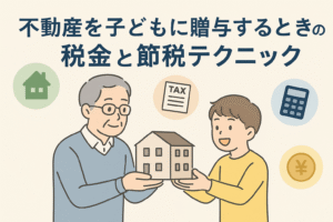 高齢の父親が子どもに家の模型を手渡し、不動産の贈与をイメージさせる構図のイラスト。背景には税金書類、電卓、家のアイコン、円マークなどが描かれ、「不動産を子どもに贈与するときの税金と節税テクニック」というタイトルが表示された画像。