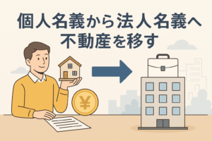 個人が所有する家を法人へ移転するイメージとして、男性が家の模型を手に持ち、矢印が法人ビルへ向かっている構図のイラスト。背景には書類や円マークのアイコンが描かれ、個人名義から法人名義へ不動産を移すテーマを視覚的に表現した画像。
