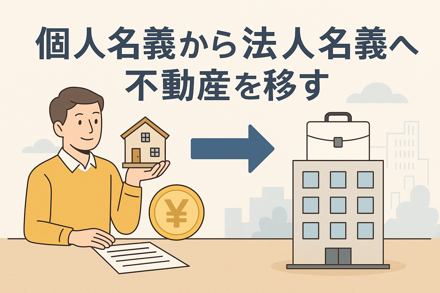 個人が所有する家を法人へ移転するイメージとして、男性が家の模型を手に持ち、矢印が法人ビルへ向かっている構図のイラスト。背景には書類や円マークのアイコンが描かれ、個人名義から法人名義へ不動産を移すテーマを視覚的に表現した画像。