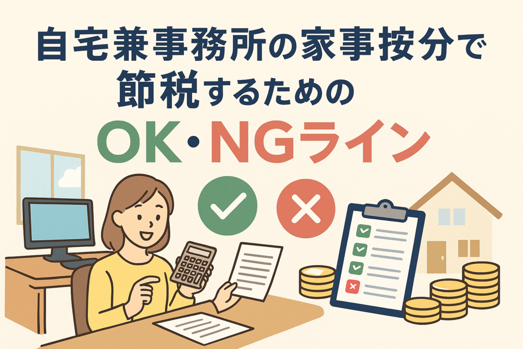 自宅兼事務所の家事按分における節税のOKとNGをわかりやすく示したイラストで、女性がデスクで計算書類を持ちながら作業している様子と、緑のチェックマークと赤いバツ印、チェックリスト、家のイラスト、コインが描かれている画像。
