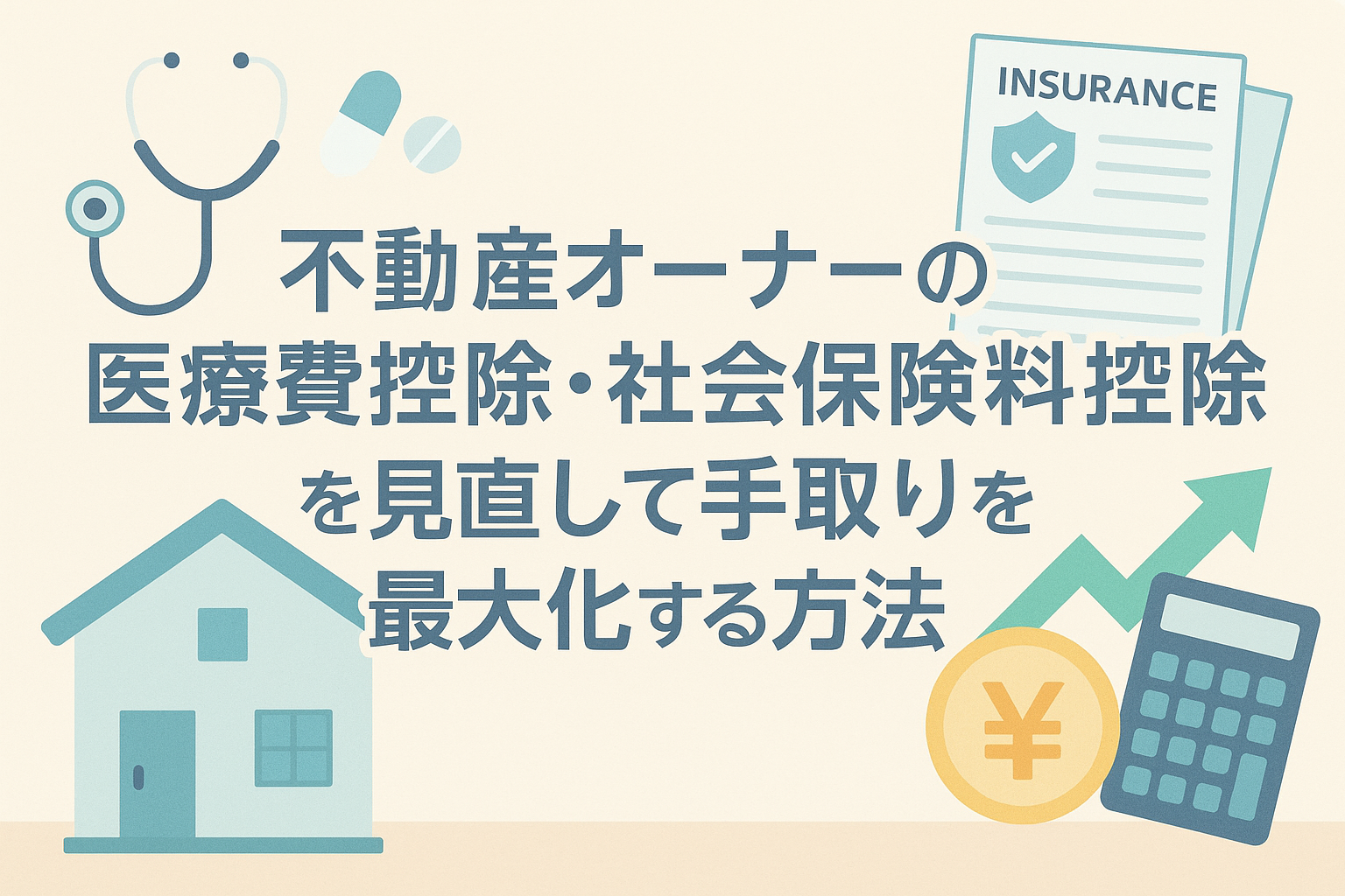 不動産オーナーの医療費控除・社会保険料控除の見直しをイメージしたバナーで、家のイラスト、聴診器や薬の医療アイコン、INSURANCEと書かれた書類、電卓や円マークのコイン、上向き矢印が配置され、「不動産オーナーの医療費控除・社会保険料控除を見直して手取りを最大化する方法」という日本語タイトルが大きく表示されている画像。