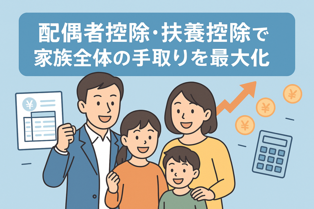 配偶者控除と扶養控除を活用して家族全体の手取りアップを目指す日本人家庭のイラスト。父母と子ども二人が笑顔で並び、背景に家計や節税をイメージした書類や電卓、上向き矢印が描かれている。