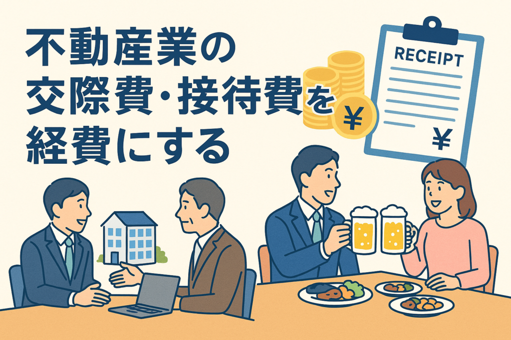 不動産業の交際費や接待費を経費にすることをテーマにしたイラスト。スーツ姿の担当者が商談や食事のシーンで取引先と会話し、横には領収書やお金のアイコンが描かれ、接待費の経費処理をイメージできる構図。
