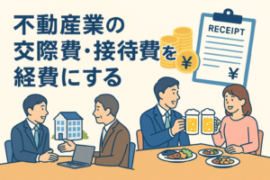 不動産業の交際費や接待費を経費にすることをテーマにしたイラスト。スーツ姿の担当者が商談や食事のシーンで取引先と会話し、横には領収書やお金のアイコンが描かれ、接待費の経費処理をイメージできる構図。