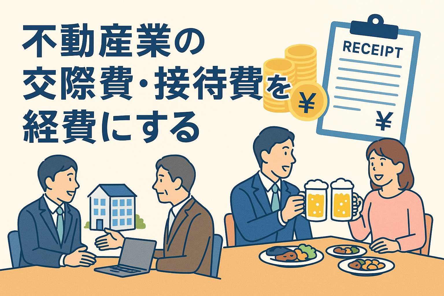不動産業の交際費や接待費を経費にすることをテーマにしたイラスト。スーツ姿の担当者が商談や食事のシーンで取引先と会話し、横には領収書やお金のアイコンが描かれ、接待費の経費処理をイメージできる構図。