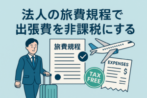 法人の旅費規程を使って出張費を非課税で受け取るイメージを描いたイラスト。スーツ姿のビジネスマンがスーツケースを引き、旅費規程の書類、飛行機、経費明細、TAX FREEのアイコンが並び、出張費の非課税制度をわかりやすく表現している。