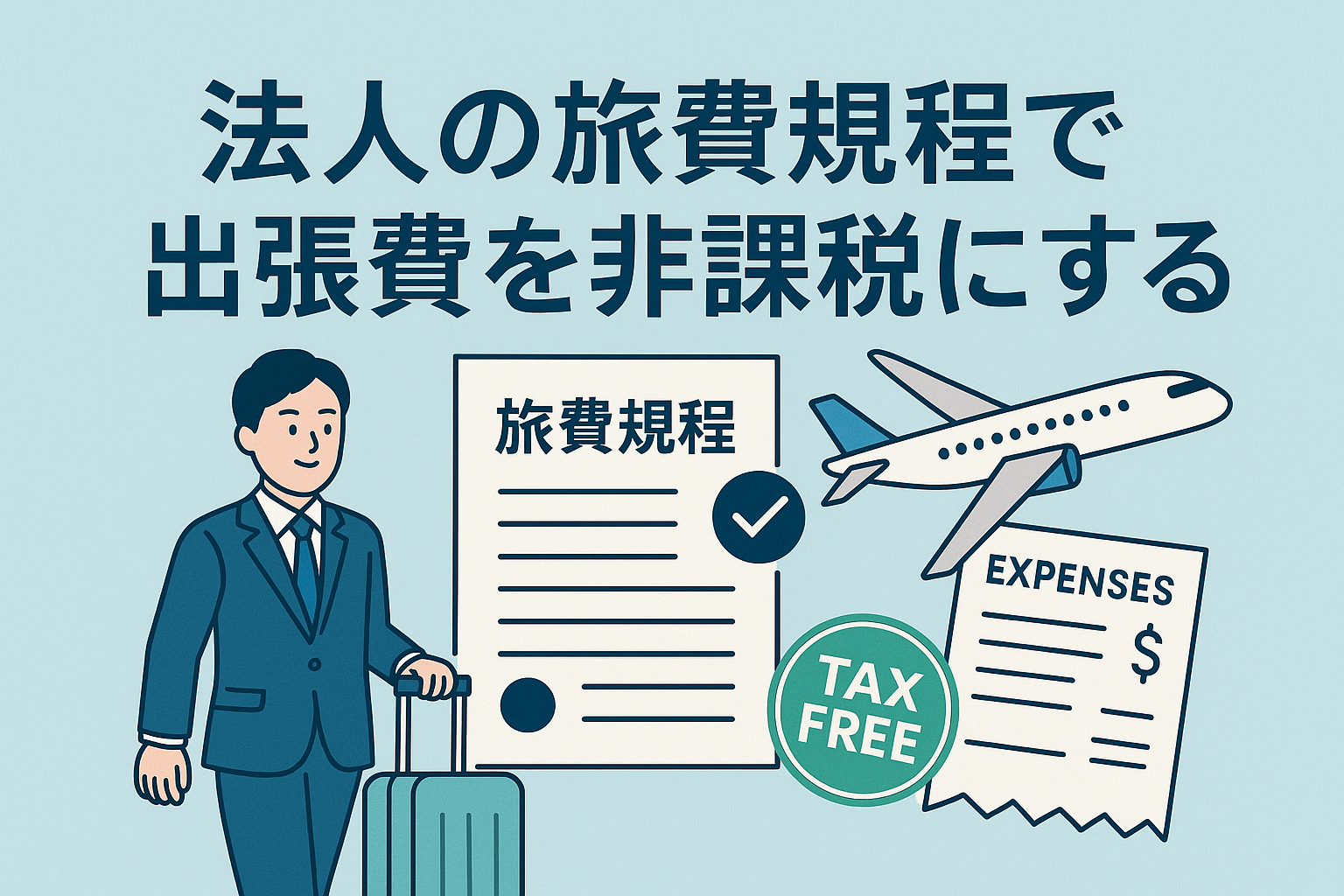 法人の旅費規程を使って出張費を非課税で受け取るイメージを描いたイラスト。スーツ姿のビジネスマンがスーツケースを引き、旅費規程の書類、飛行機、経費明細、TAX FREEのアイコンが並び、出張費の非課税制度をわかりやすく表現している。