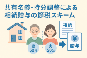 共有名義と持分調整による相続税・贈与税の節税スキームを説明するために、家と夫婦のイラスト、50％ずつの持分表示、相続と贈与の書類アイコンを組み合わせた視覚的イメージ。