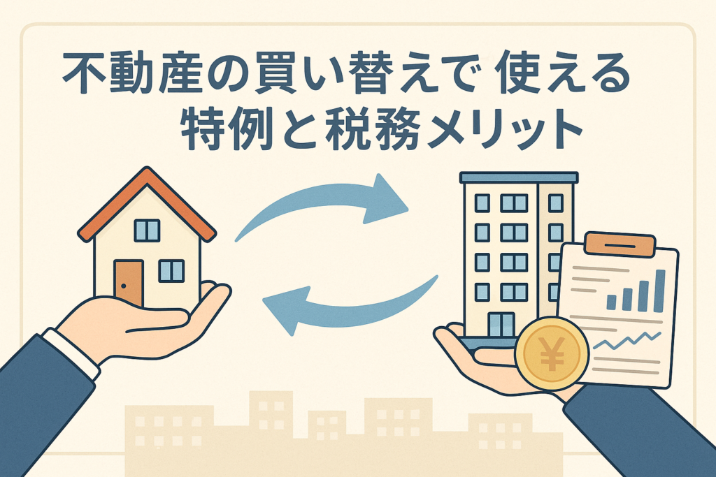 不動産の買い替えで使える特例と税務メリットをイメージしたイラストで、手のひらに乗った家とビルが矢印で交換される様子と、税務資料や円マークが描かれており、買い替えによる節税効果を視覚的に表現した画像。