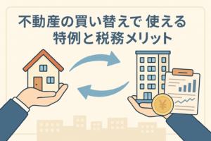 不動産の買い替えで使える特例と税務メリットをイメージしたイラストで、手のひらに乗った家とビルが矢印で交換される様子と、税務資料や円マークが描かれており、買い替えによる節税効果を視覚的に表現した画像。