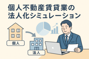 個人の不動産賃貸業を法人へ移行する流れを示すイラストで、個人所有の家から法人ビルへ矢印が伸び、スーツ姿の男性がパソコンを使ってシミュレーションを行っている様子を描いた画像。