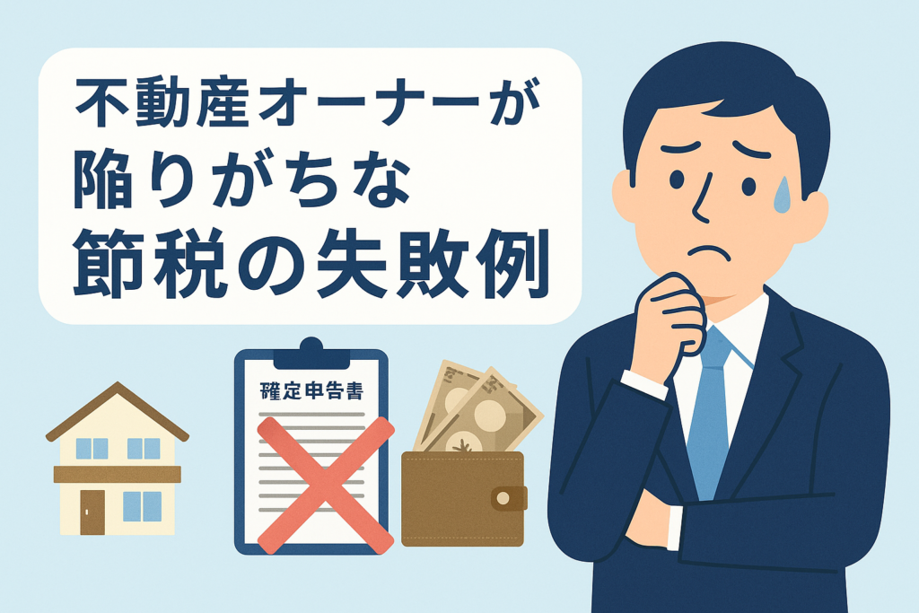 不動産オーナーが節税の失敗に悩んでいる様子と、家や確定申告書、財布などのアイコンを配置した「不動産オーナーが陥りがちな節税の失敗例」という日本語見出し入りのイラスト