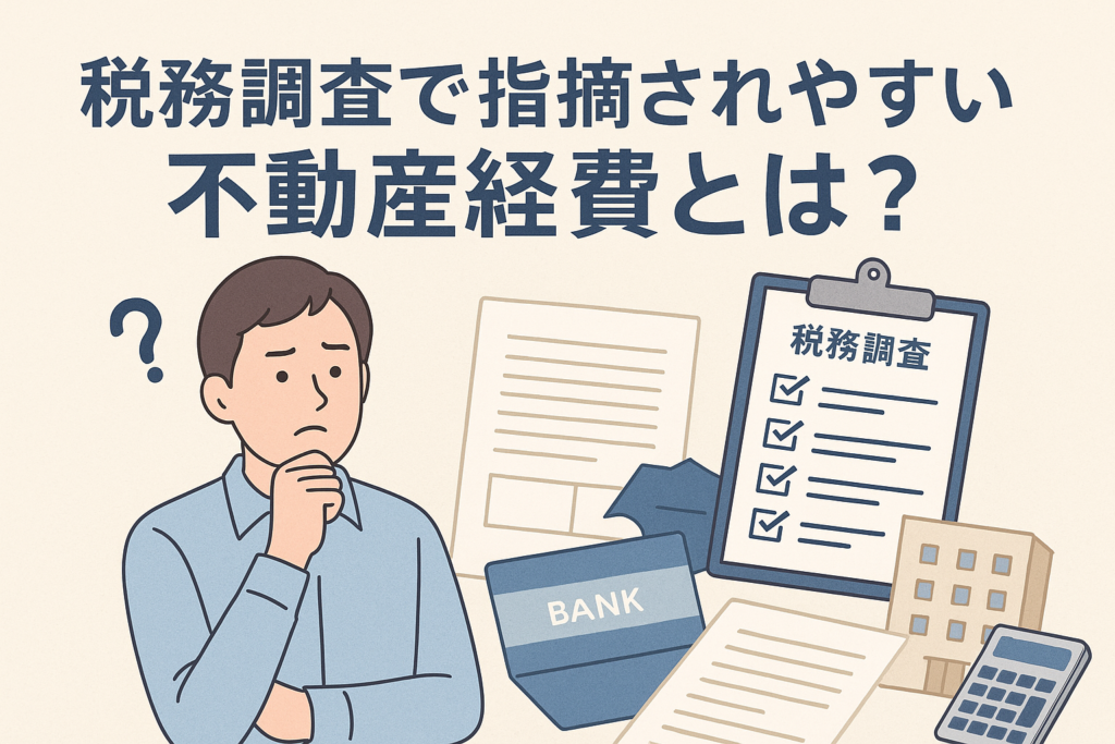 税務調査で指摘されやすい不動産経費をテーマに、悩む不動産オーナーのイラストと税務調査チェックリスト、通帳や建物、書類などのアイコンを配置した日本語見出し入りの説明画像