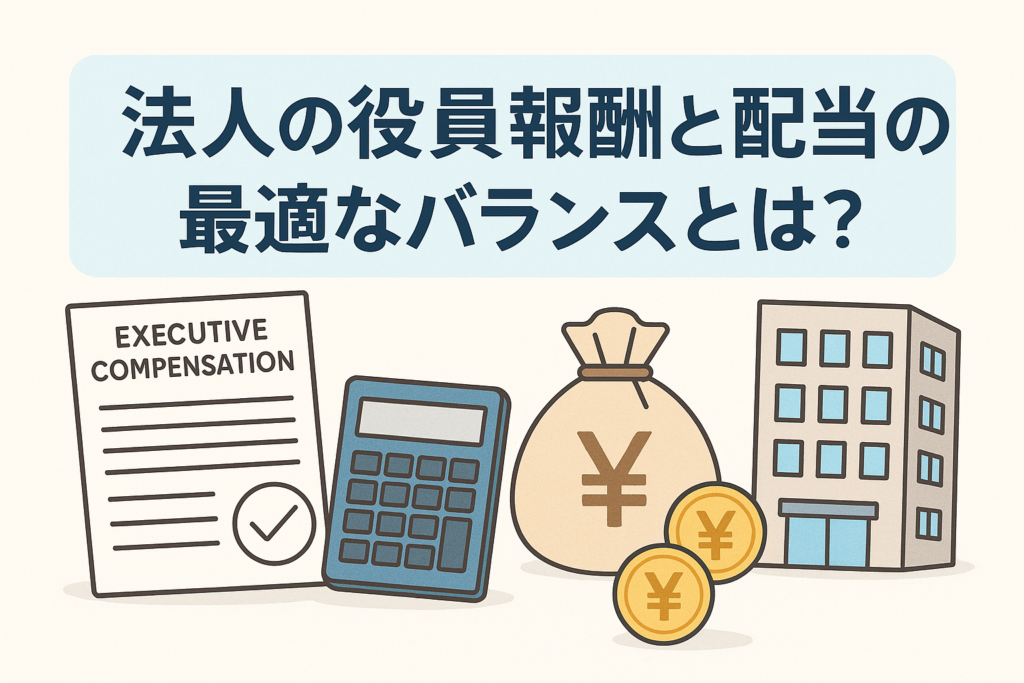 法人の役員報酬と配当の最適なバランスをテーマに、書類・電卓・お金・建物のアイコンと、日本語見出し「法人の役員報酬と配当の最適なバランスとは？」を配置したわかりやすい解説用イラスト