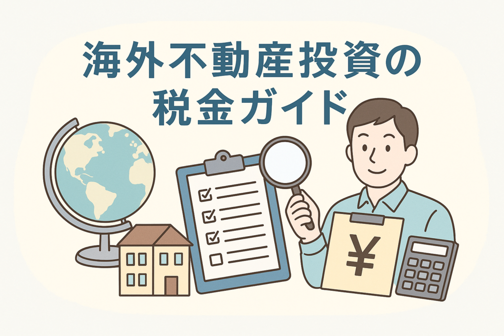 海外不動産投資の税金を解説するために、地球儀・海外の家・チェックリスト・電卓・円マークを持つ人物のイラストと、日本語見出し「海外不動産投資の税金ガイド」を配置した説明用デザイン画像