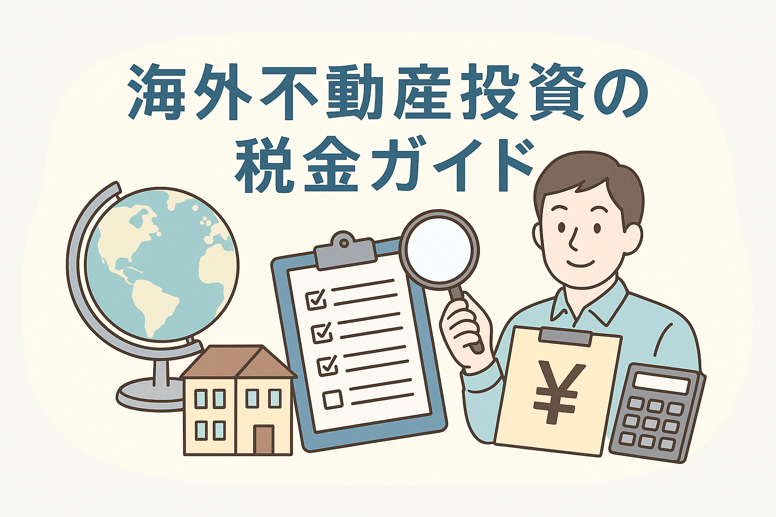 海外不動産投資の税金を解説するために、地球儀・海外の家・チェックリスト・電卓・円マークを持つ人物のイラストと、日本語見出し「海外不動産投資の税金ガイド」を配置した説明用デザイン画像
