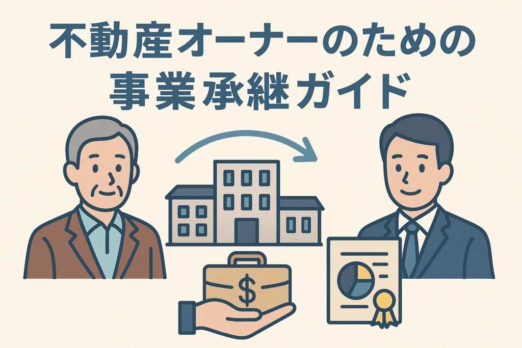 不動産オーナーの事業承継をイメージしたイラストで、高齢のオーナーから後継者へ資産や会社を引き継ぐ様子を、建物・書類・ブリーフケースなどのアイコンとともに表現し、日本語タイトル「不動産オーナーのための事業承継ガイド」を配置した説明用デザイン画像。
