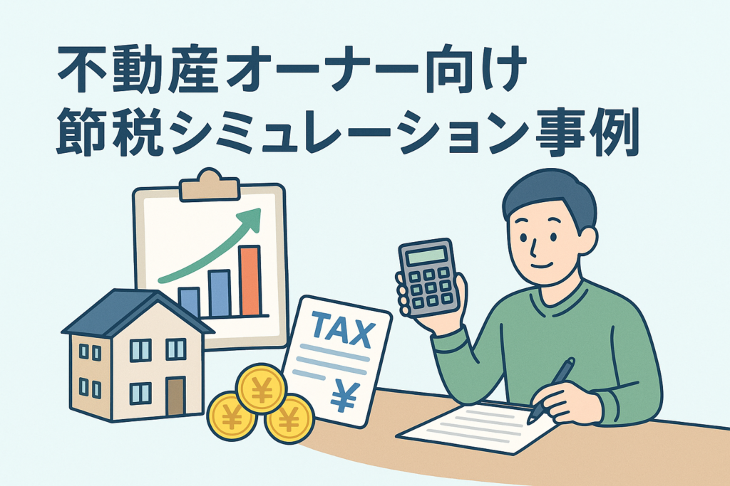 不動産オーナーが電卓と資料を使って節税シミュレーションを行っている様子を描いたイラスト。家のイメージ図やグラフ、税金資料が並び、節税の分析をしている雰囲気が伝わる画像。