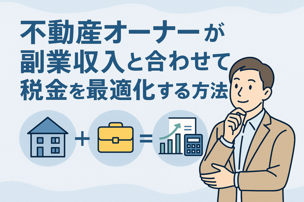 不動産オーナーが副業収入と組み合わせて税金を最適化することをイメージしたイラスト。家のアイコン、副業を象徴するブリーフケース、税金最適化を示すグラフや電卓が並び、テーマが直感的に伝わるデザインの画像。