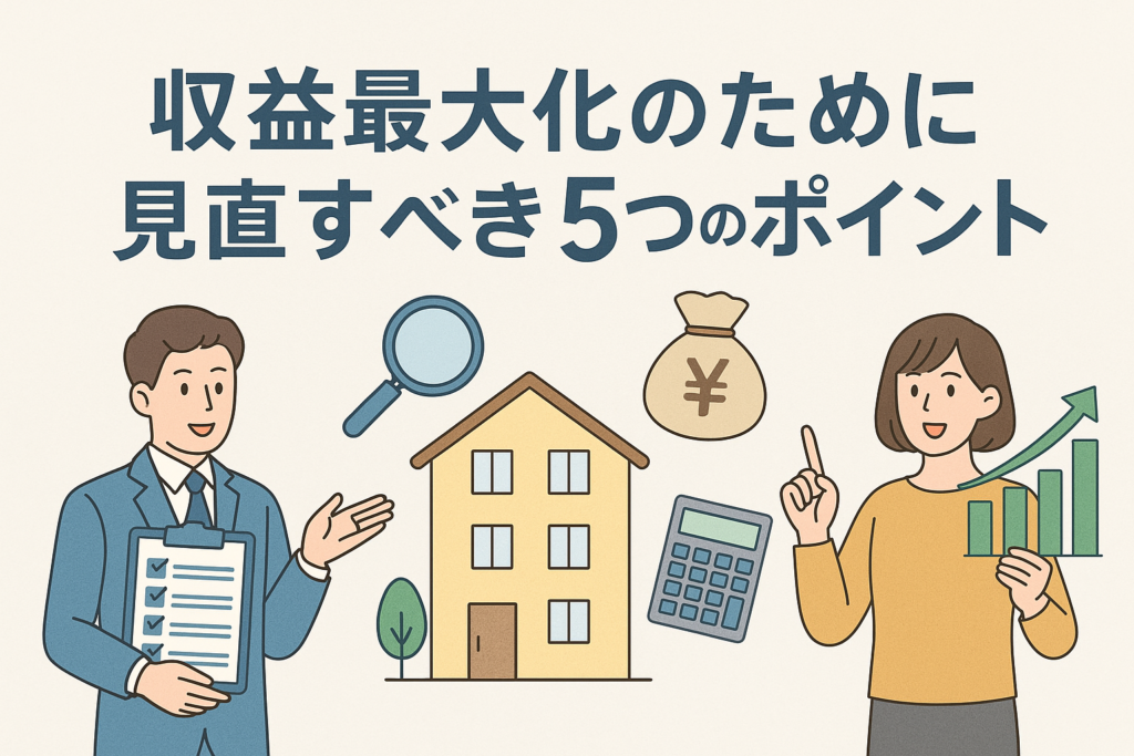 「収益最大化のために見直すべき5つのポイント」というタイトルとともに、不動産のイラストやチェックリスト、電卓、円袋、グラフなどが配置された、収益改善をテーマにした親しみやすいデザインのアイキャッチ画像。