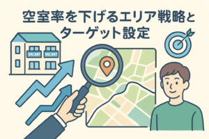 エリア戦略とターゲット設定によって空室率を下げることをイメージしたアイキャッチ画像。アパートの空室表示、地図と拡大鏡、上向き矢印、ターゲットマークなどが描かれ、入居需要を分析する様子がわかりやすく表現されている。