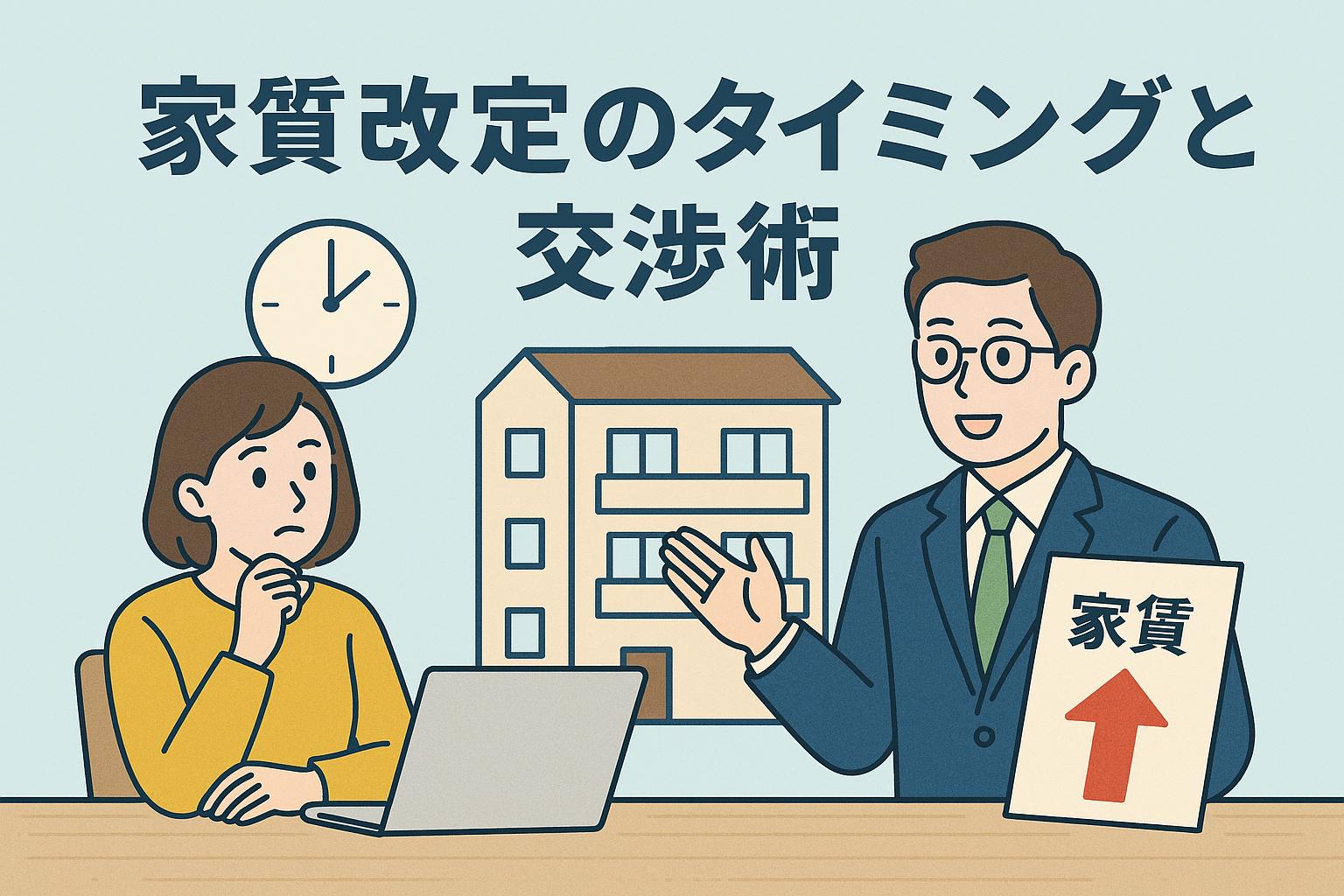 家賃改定のタイミングと交渉術をイメージしたイラストで、相談する女性と説明する男性、家賃アップを示す資料、マンションのイラストが描かれた親しみやすいデザインのアイキャッチ画像。