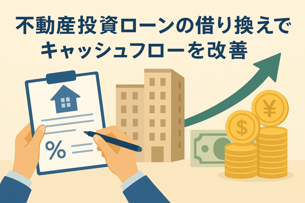 不動産投資ローンの借り換えによってキャッシュフローを改善する様子を表したイラストで、金利見直しの書類、マンション、上昇する矢印、コインや紙幣が描かれたデザインのアイキャッチ画像。