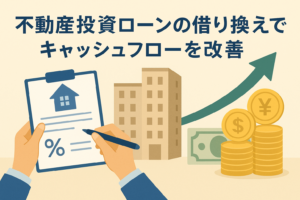 不動産投資ローンの借り換えによってキャッシュフローを改善する様子を表したイラストで、金利見直しの書類、マンション、上昇する矢印、コインや紙幣が描かれたデザインのアイキャッチ画像。