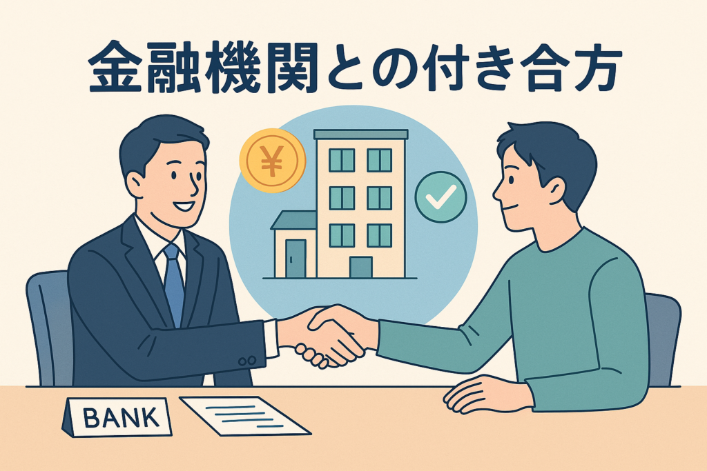 銀行担当者と不動産オーナーが握手を交わし、融資相談を行っている様子を描いたイラスト。背景には建物や円マークが配置され、金融機関との付き合い方をわかりやすく表現したデザイン。