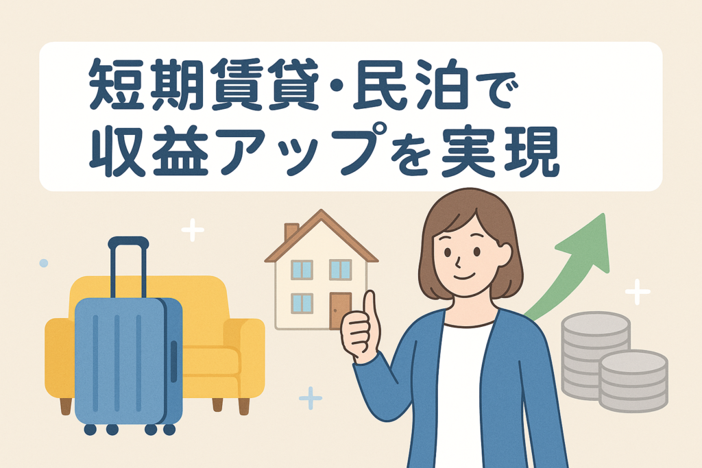 短期賃貸・民泊で収益アップを実現するイメージとして、スーツケースとソファ、家のイラスト、笑顔でサムズアップする女性、右上がりの矢印とコインが描かれた横長バナー画像。上部には「短期賃貸・民泊で収益アップを実現」という日本語の見出しが配置されている。
