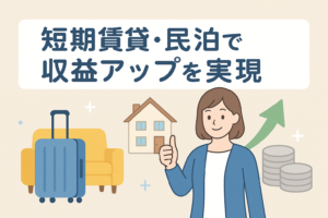 短期賃貸・民泊で収益アップを実現するイメージとして、スーツケースとソファ、家のイラスト、笑顔でサムズアップする女性、右上がりの矢印とコインが描かれた横長バナー画像。上部には「短期賃貸・民泊で収益アップを実現」という日本語の見出しが配置されている。