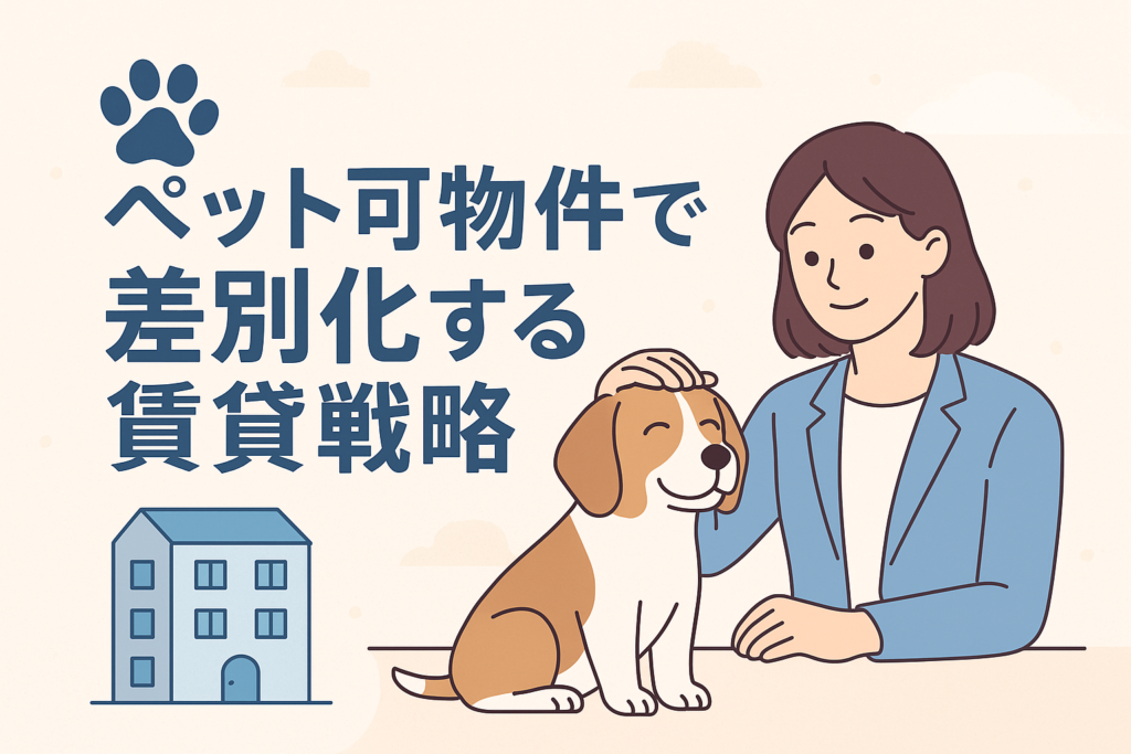 ペット可物件の差別化戦略をテーマに、女性が犬を優しくなでている様子とマンションのイラスト、そして「ペット可物件で差別化する賃貸戦略」という日本語タイトルが配置された、淡い色合いの親しみやすいアイキャッチ画像。
