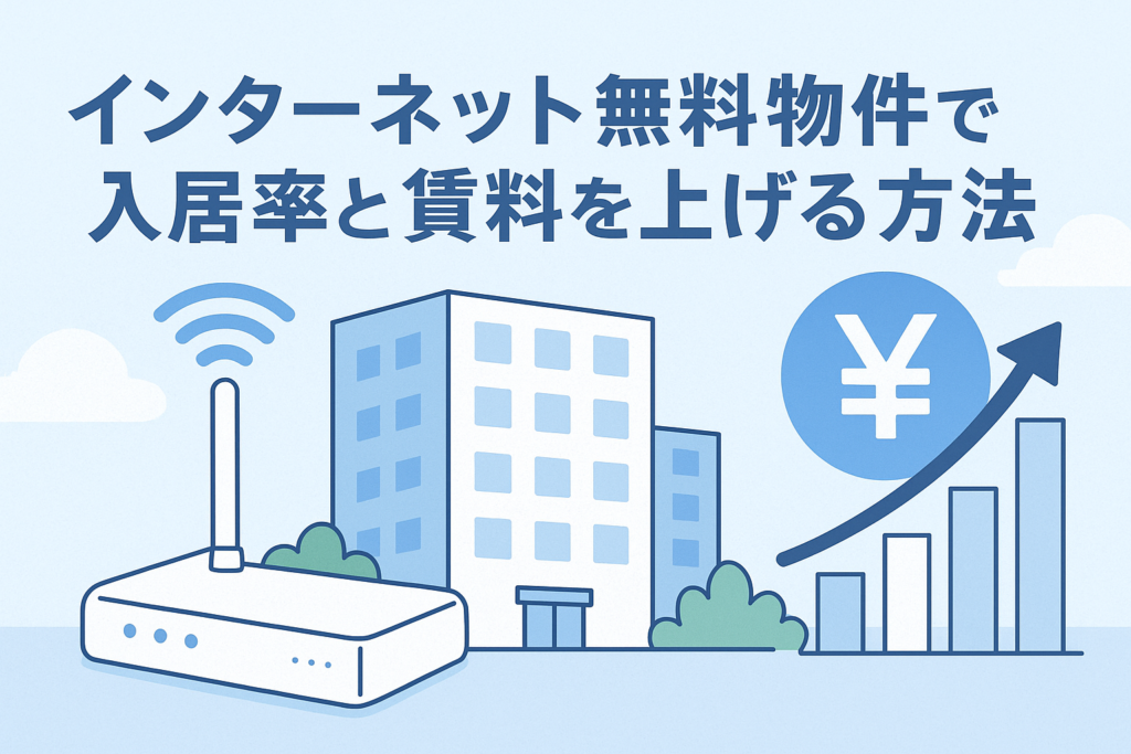 インターネット無料物件の魅力を伝えるため、建物とWi-Fiルーターのイラスト、上昇するグラフ、円マークを組み合わせ、「インターネット無料物件で入居率と賃料を上げる方法」というタイトルが配置された横長のバナー画像。