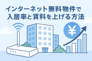 インターネット無料物件の魅力を伝えるため、建物とWi-Fiルーターのイラスト、上昇するグラフ、円マークを組み合わせ、「インターネット無料物件で入居率と賃料を上げる方法」というタイトルが配置された横長のバナー画像。